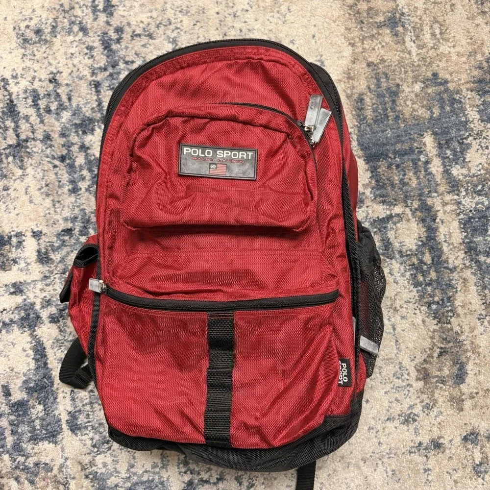 Vintage Polo Sport Ralph Lauren Red Backpack USA Flag Logo 90s Nylon